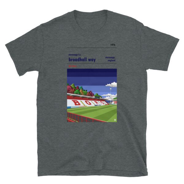 Dark grey Stevenage FC and Broadhall Way blue sky t-shirt