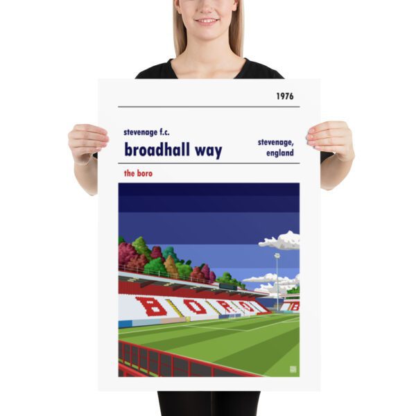 Large football poster of Stevenage FC and Broadhall Way blue sky