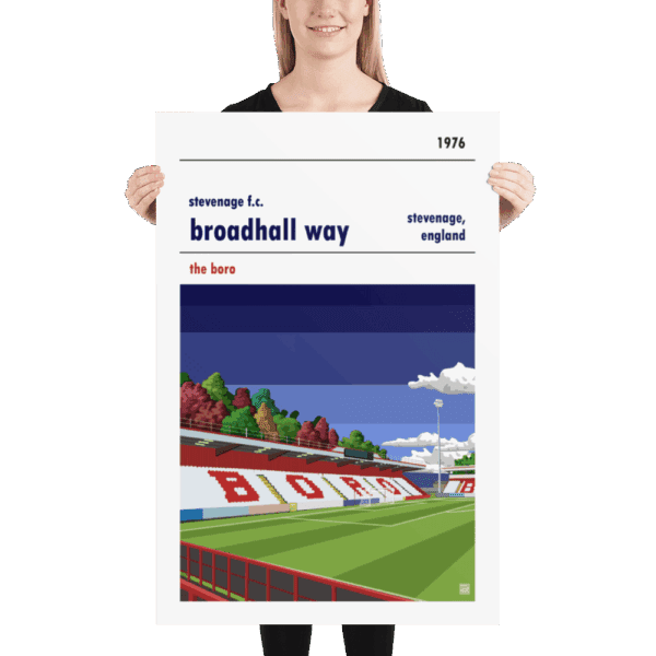 Huge football poster of Stevenage FC and Broadhall Way blue sky