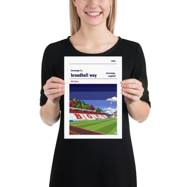Small football poster of Stevenage FC and Broadhall Way blue sky