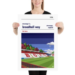 Large football poster of Stevenage FC and Broadhall Way blue sky