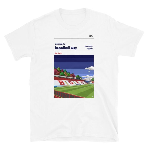 White Stevenage FC and Broadhall Way blue sky t-shirt