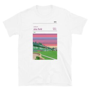 White sunset t-shirt of Cavalry FC and ATCO Field
