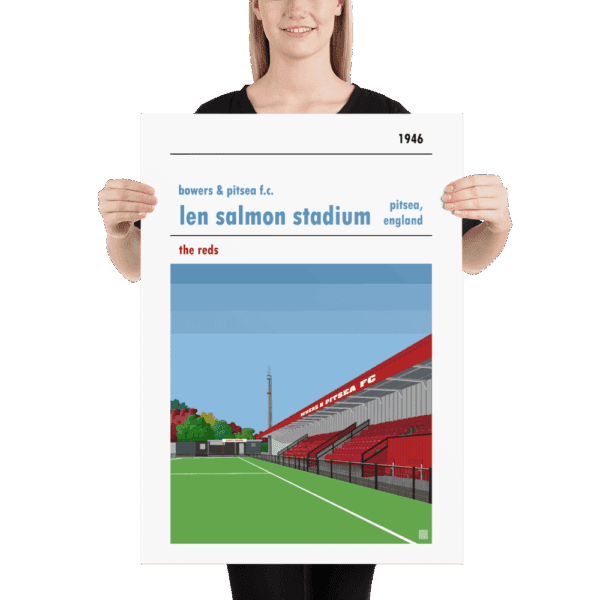 Large football poster of Bowers & Pitsea FC and the Len Salmon Stadium