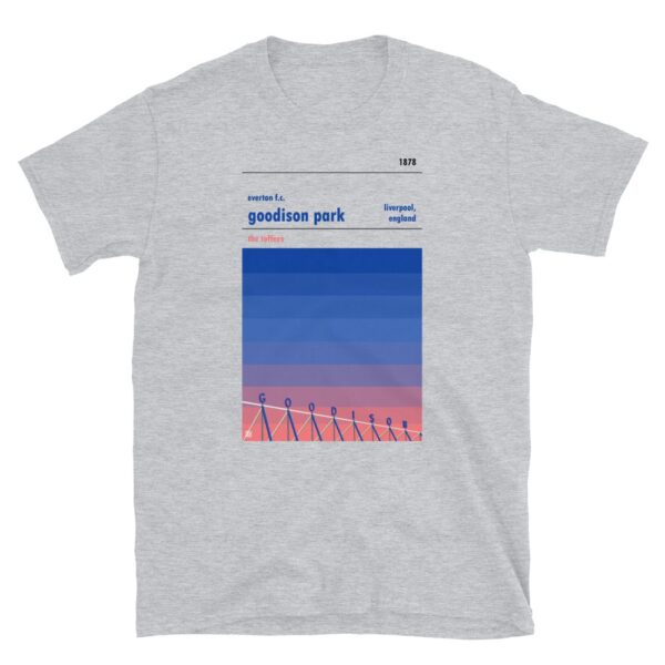 Grey football t-shirt of Everton and Goodison Park sunset