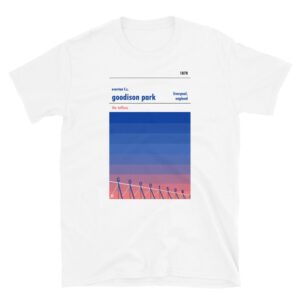 White football t-shirt of Everton and Goodison Park sunset