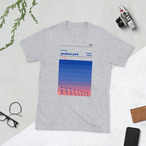 Hipster grey football t-shirt of Everton and Goodison Park sunset