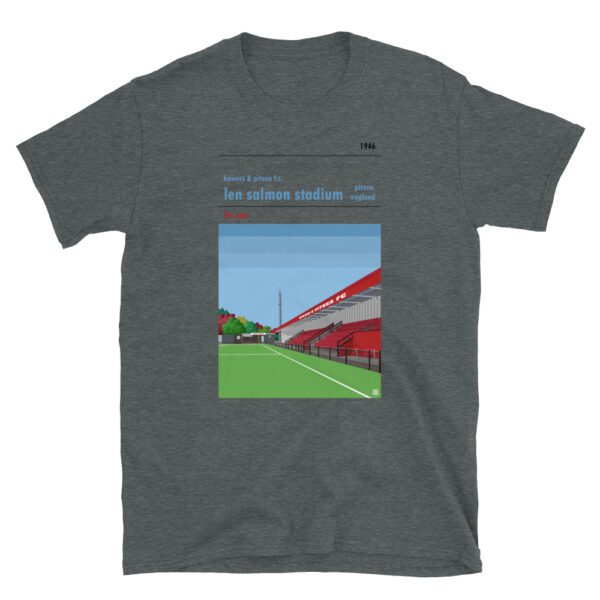 Dark grey t-shirt of Bowers & Pitsea FC and the Len Salmon Stadium