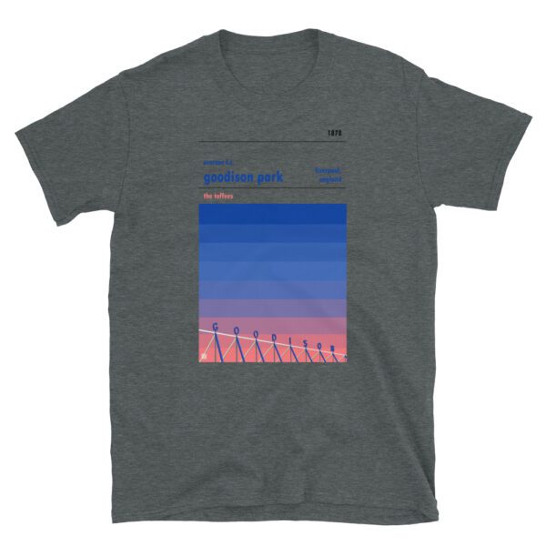 Dark grey football t-shirt of Everton and Goodison Park sunset