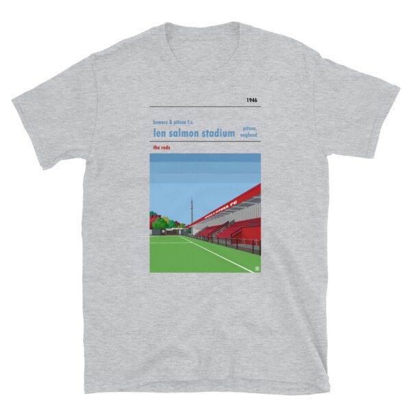 Grey t-shirt of Bowers & Pitsea FC and the Len Salmon Stadium