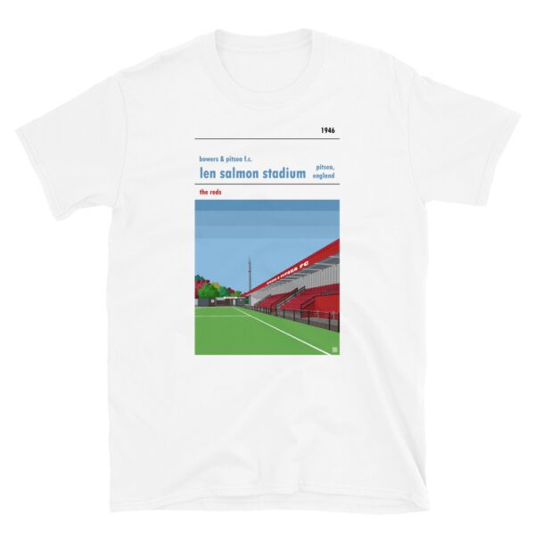 White t-shirt of Bowers & Pitsea FC and the Len Salmon Stadium