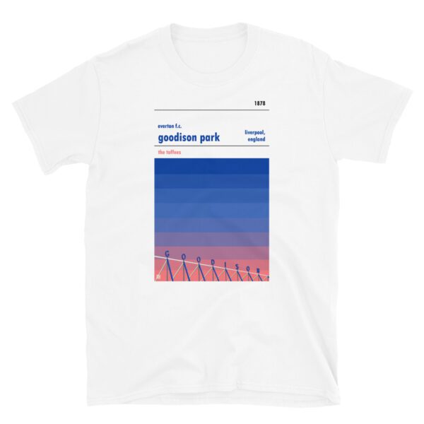 White football t-shirt of Everton and Goodison Park sunset