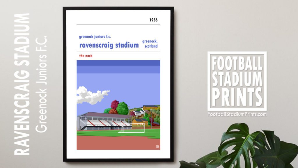 Framed football print of Greenock Juniors FC and Ravenscraig Stadium