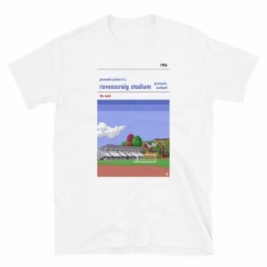 White t-shirt of Greenock Juniors FC and Ravenscraig Stadium