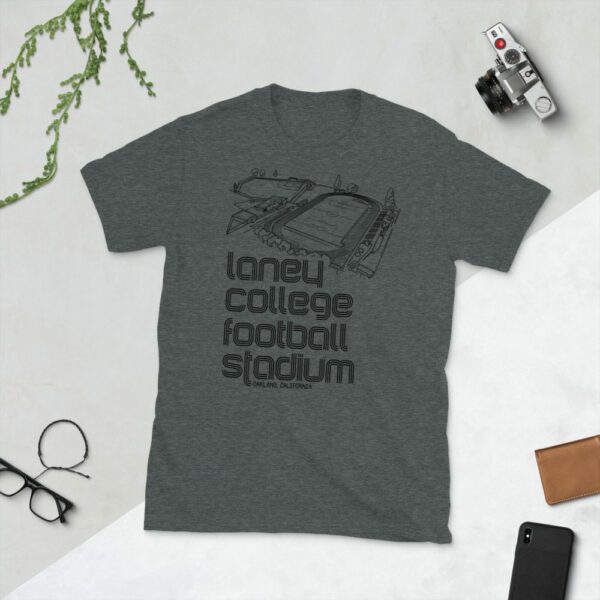 Dark grey Oakland Roots SC and Laney College Football stadium T-Shirt