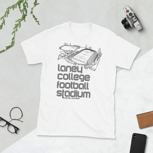 White Oakland Roots SC and Laney College Football stadium T-Shirt