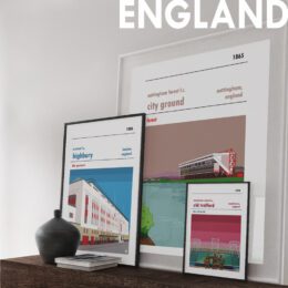 Three framed prints of Highbury, Nottingham Forest and Old Trafford