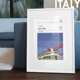 A white framed artwork of the home ground of AC Milan, the San Siro