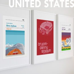 Three retro football posters of the BBVA Stadium, the Bryant-denny Stadium and the 'Baud