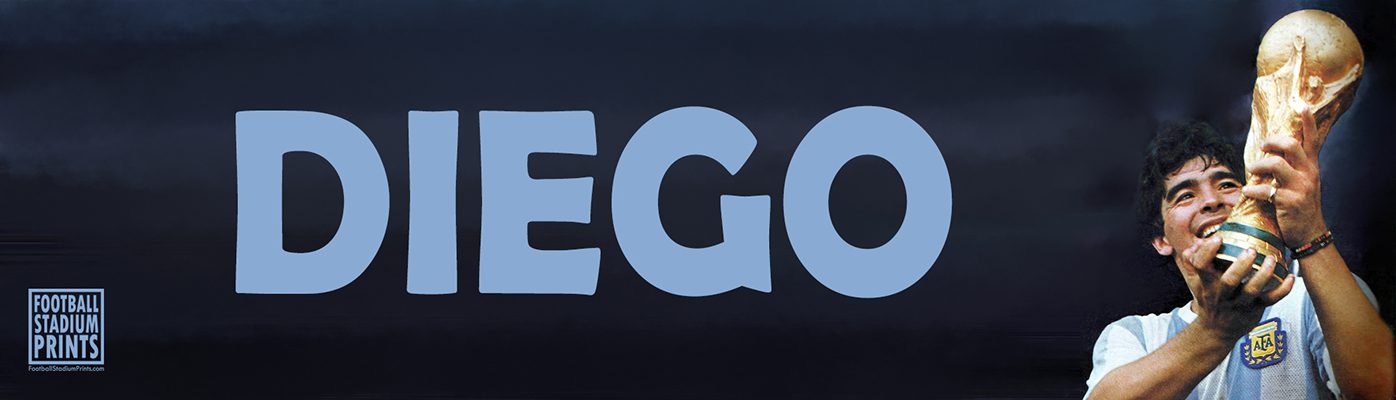 Diego Maradona Argentina legend t-shirt category banner, showing Maradona with the 1986 World Cup trophy.