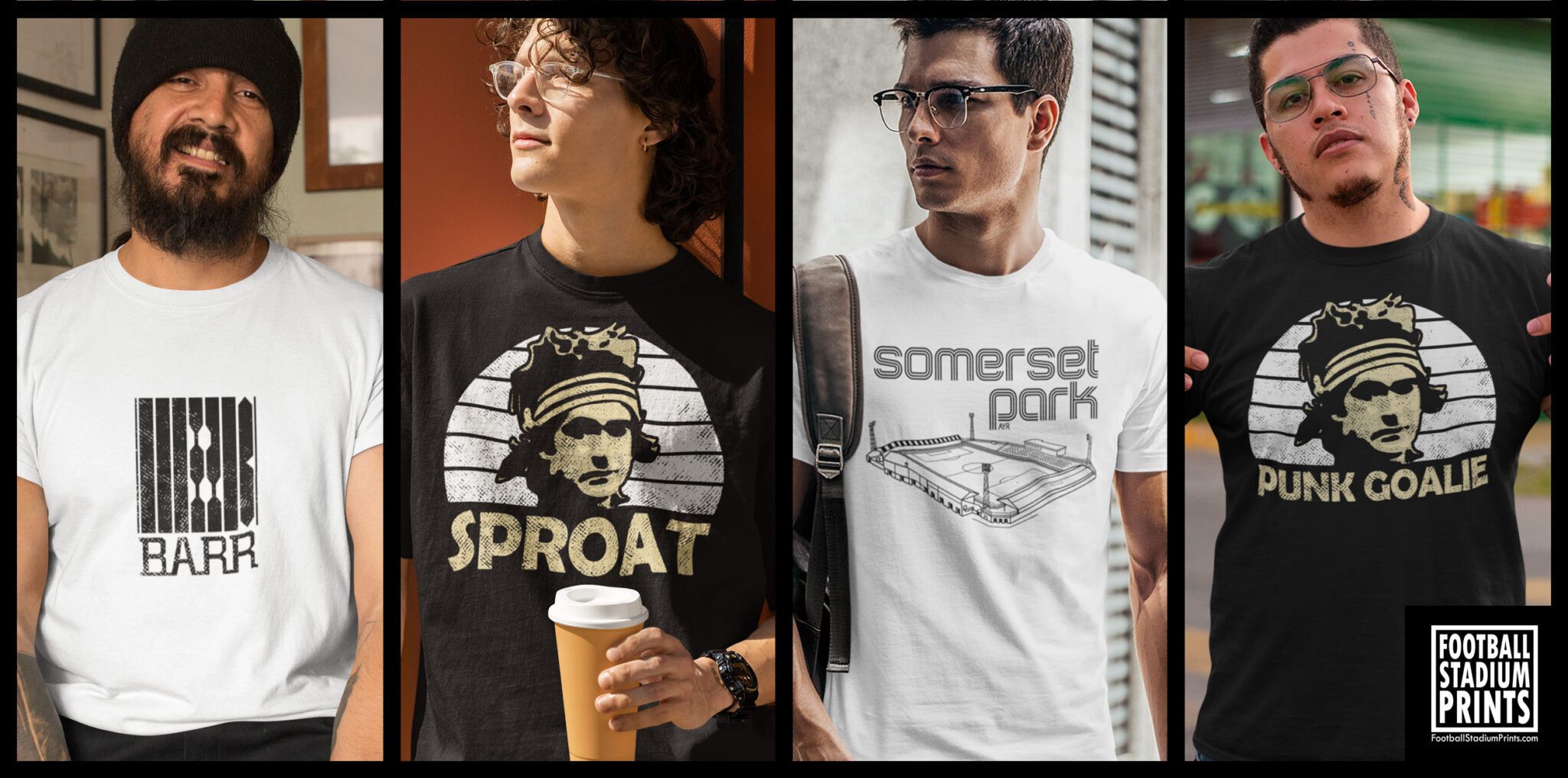4 Ayr United FC T-Shirts showing Hugh Punk Goalie Sproat, Barr Construction Vintage Logo and illustration of Somerset Park