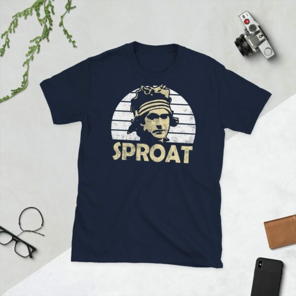 Navy Ayr United FC T-Shirt featuring Sproat's silhouette in front of a white sunburst design
