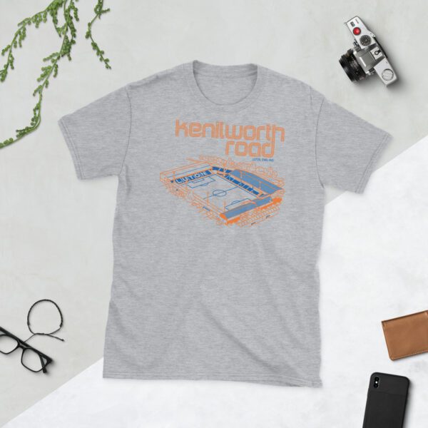 Men's tee featuring Kenilworth Road Stadium in orange and blue for Luton Town FC fans