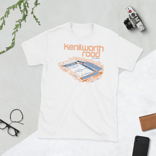 Luton Town FC T-Shirt in orange and blue with Kenilworth Road Stadium graphic