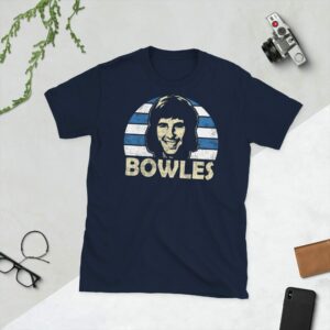 Stan Bowles QPR T-Shirt in Navy - A navy T-shirt featuring a QPR sunburst graphic and the word "BOWLES" in blue and white, paying tribute to QPR's iconic maverick Stan Bowles.