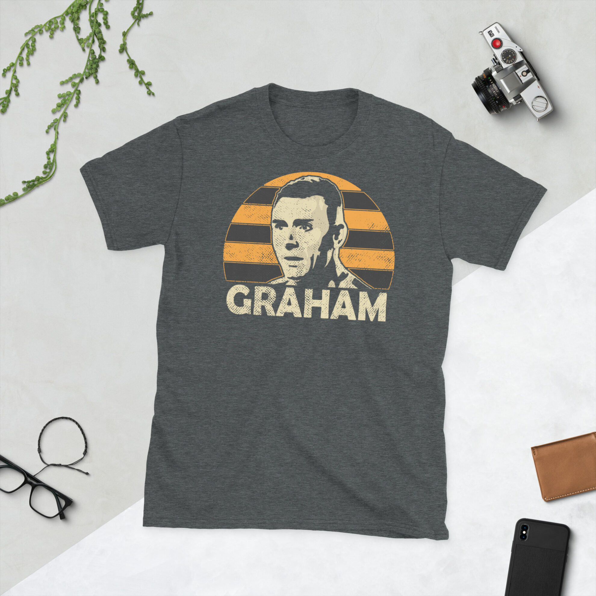 Andy Graham T-Shirt in Heather: A heather grey T-shirt featuring an Alloa Athletic sunburst and the word "GRAHAM" in bold, commemorating Alloa Athletic manager Andy Graham.