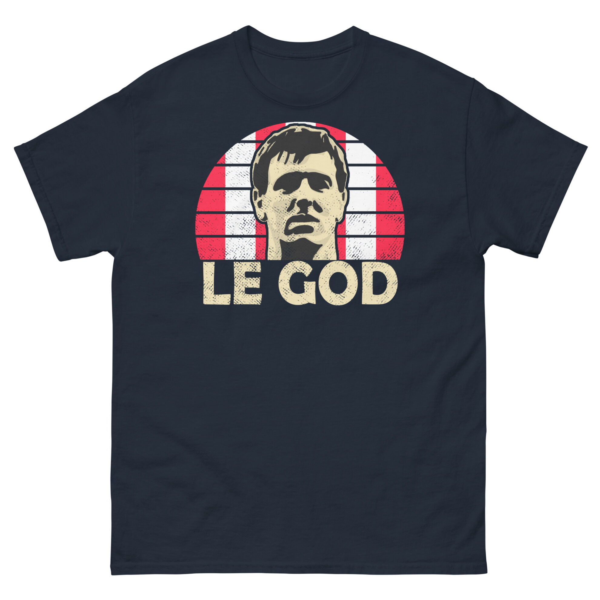 A navy Matt Le Tissier Southampton FC t-shirt featuring a red and white striped sunburst design and the word "LE GOD" printed prominently in bold.