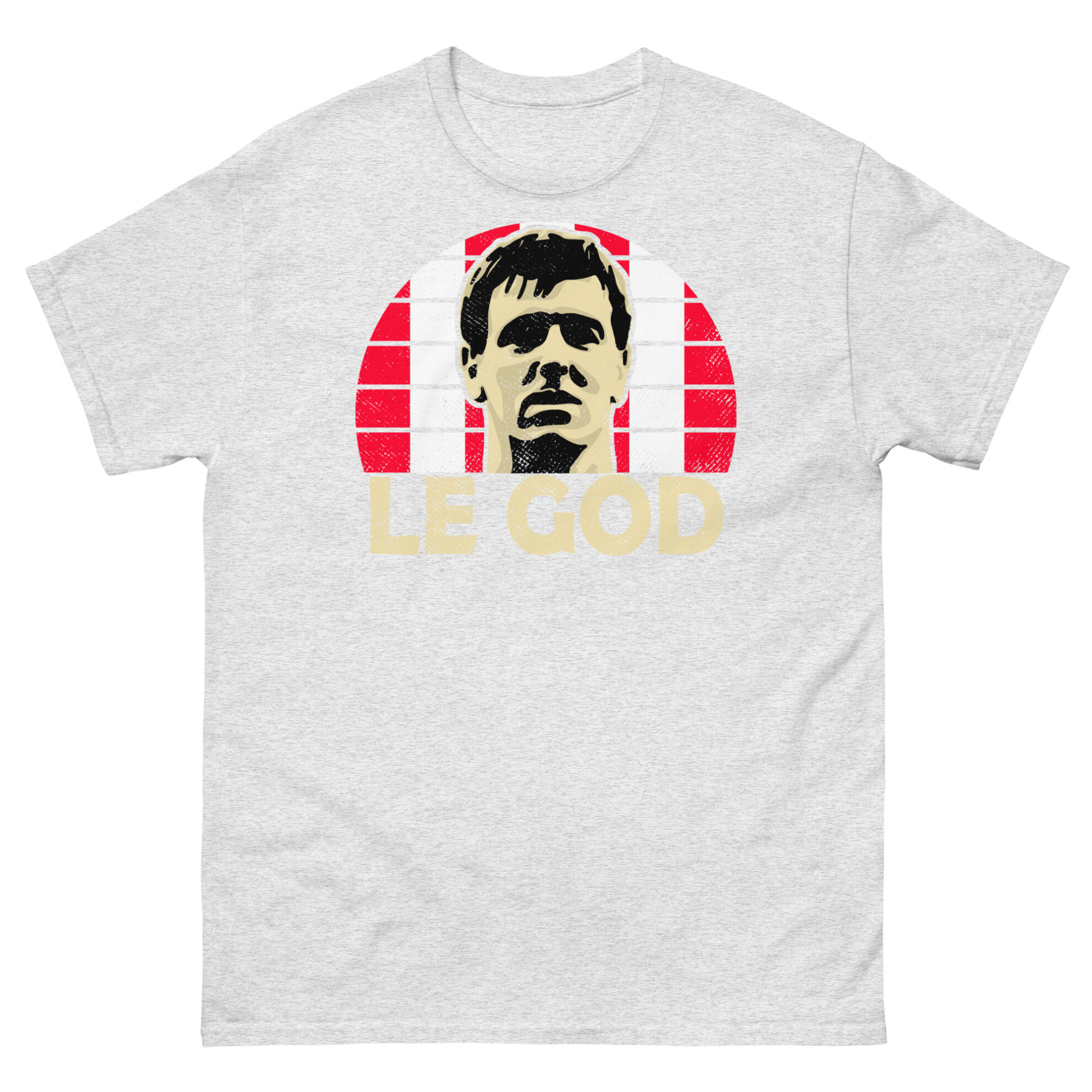 A light grey Matt Le Tissier Southampton FC t-shirt featuring a red and white striped sunburst design and the word "LE GOD" printed prominently in bold.