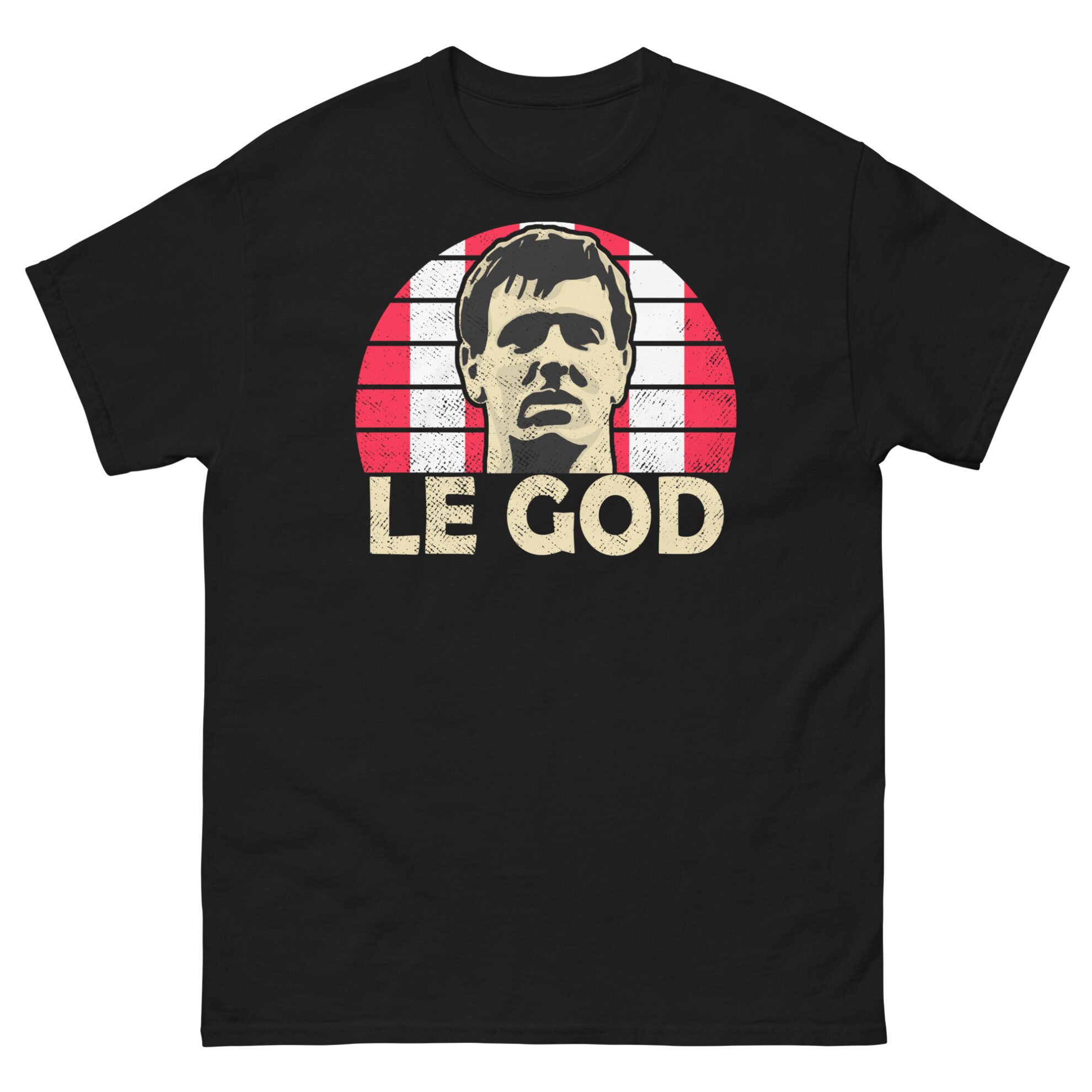 A black Matt Le Tissier Southampton FC t-shirt featuring a red and white striped sunburst design and the word "LE GOD" printed prominently in bold.