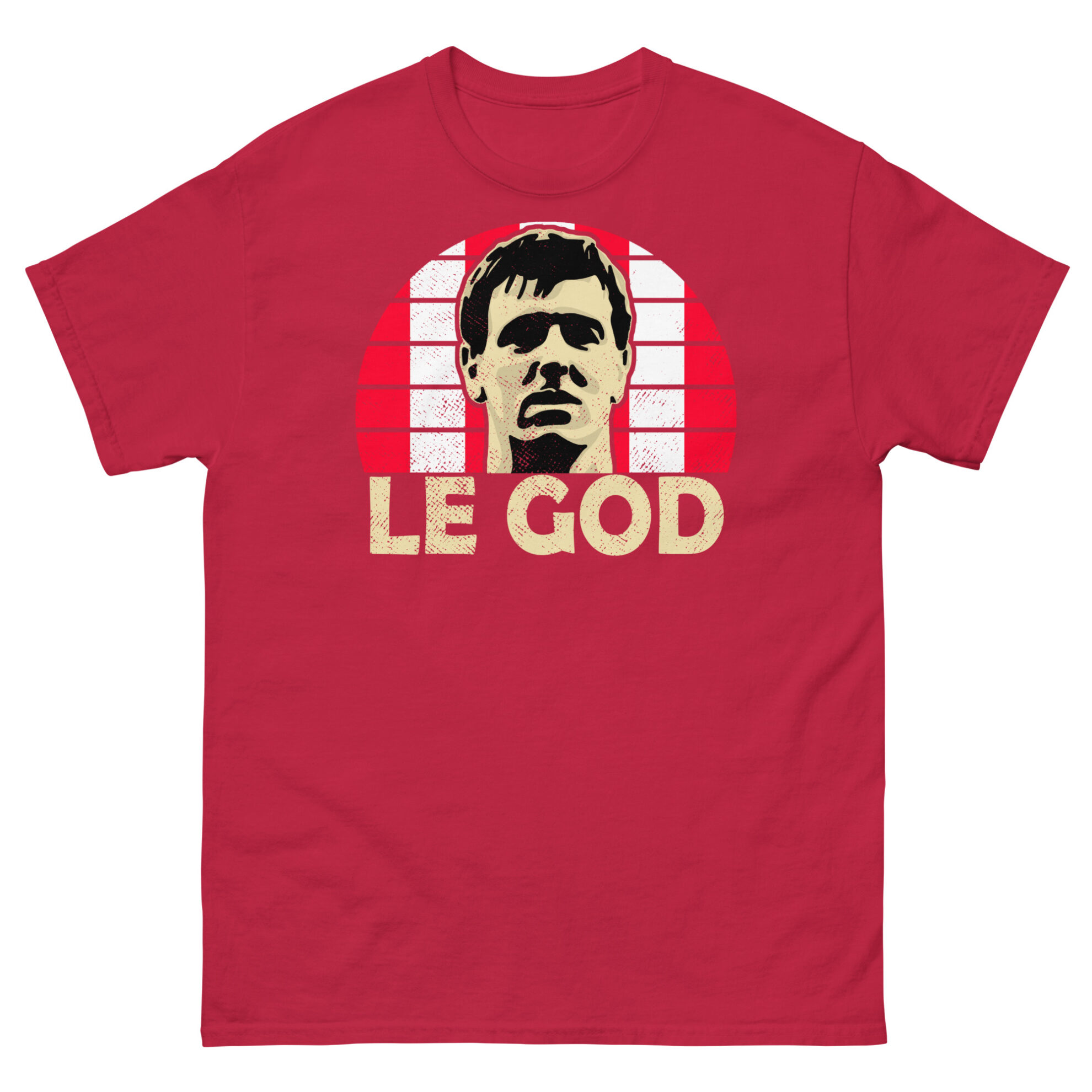 A cardinal red Matt Le Tissier Southampton FC t-shirt featuring a white sunburst design and the word "LE GOD" printed prominently in bold.