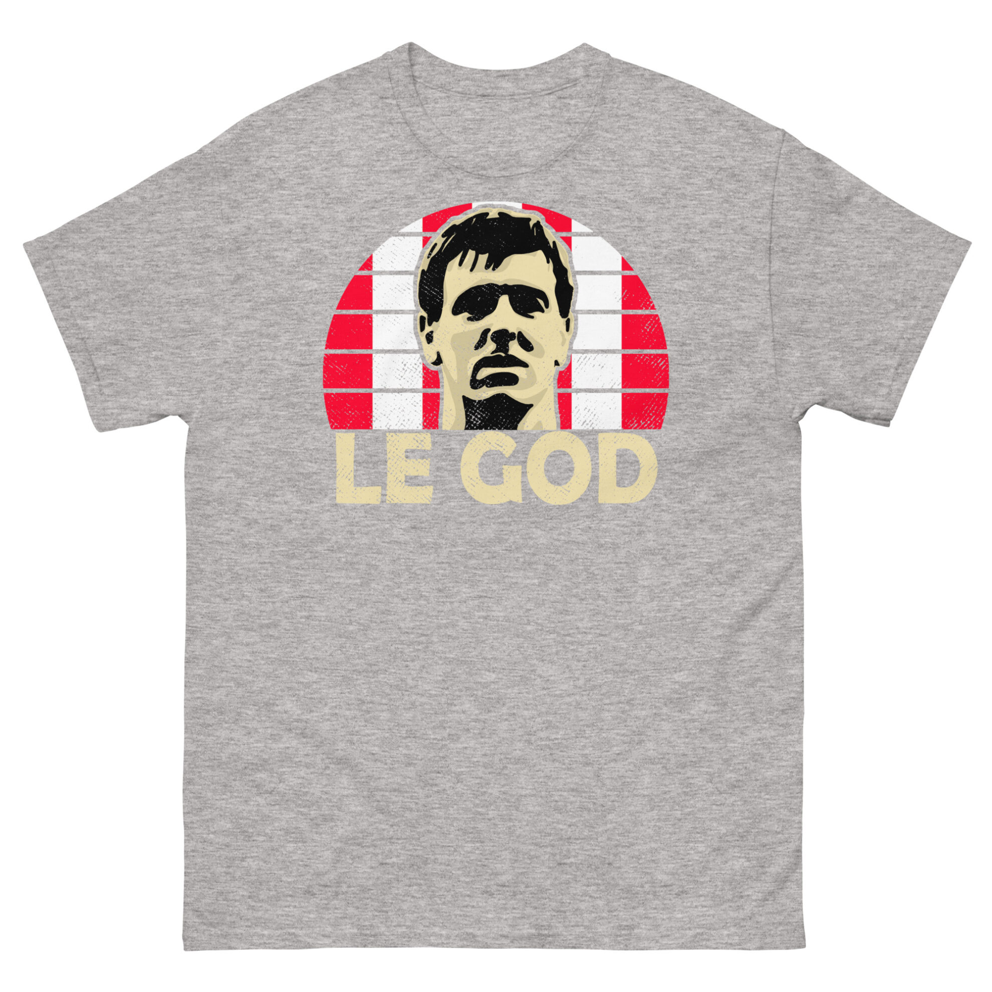 A light grey Matt Le Tissier Southampton FC t-shirt featuring a red and white striped sunburst design and the word "LE GOD" printed prominently in bold.