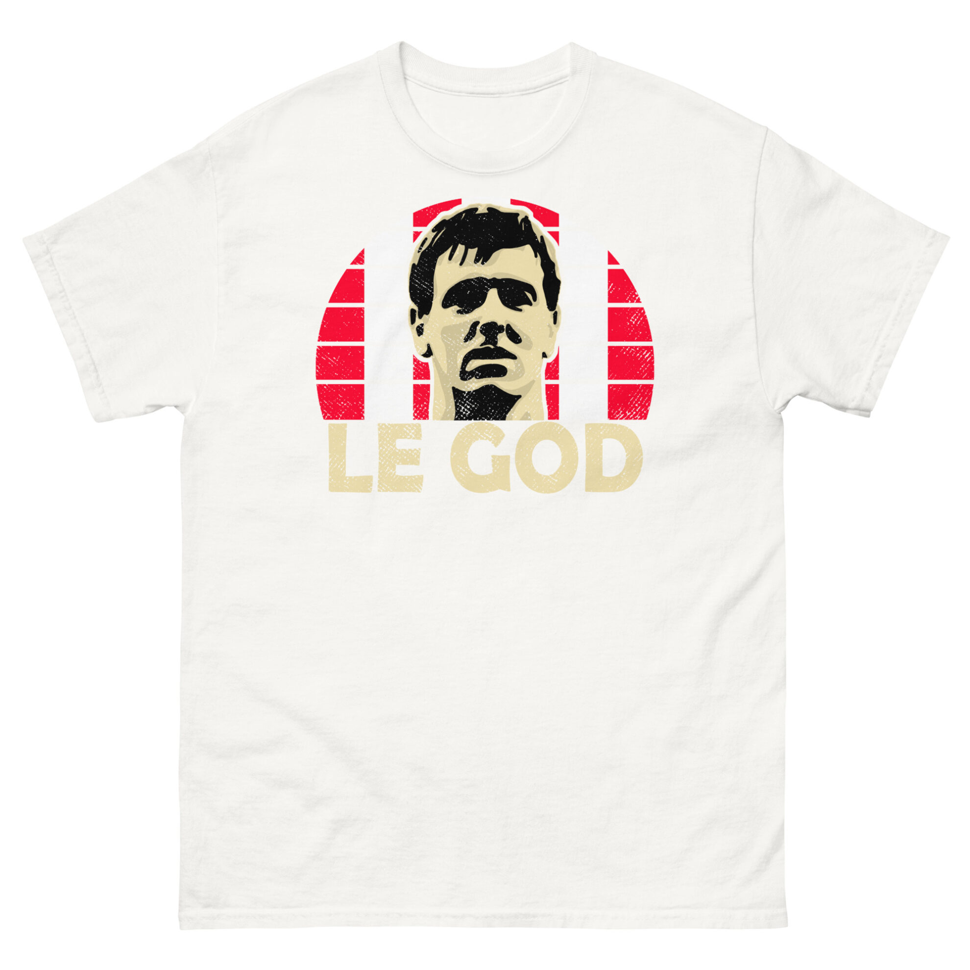 A white Matt Le Tissier Southampton FC t-shirt featuring a red and white striped sunburst design and the word "LE GOD" printed prominently in bold.