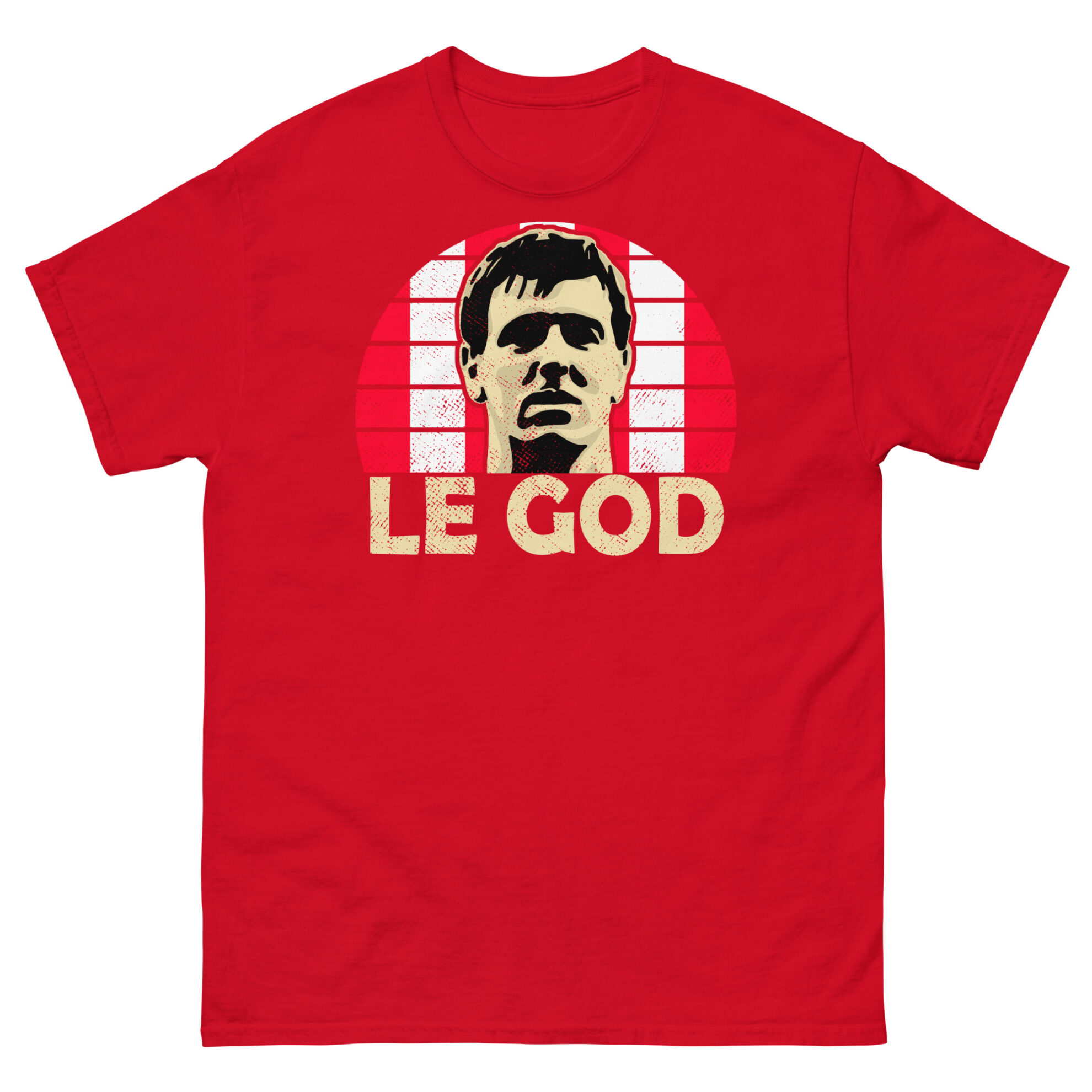 A red Matt Le Tissier Southampton FC t-shirt featuring a white sunburst design and the word "LE GOD" printed prominently in bold.