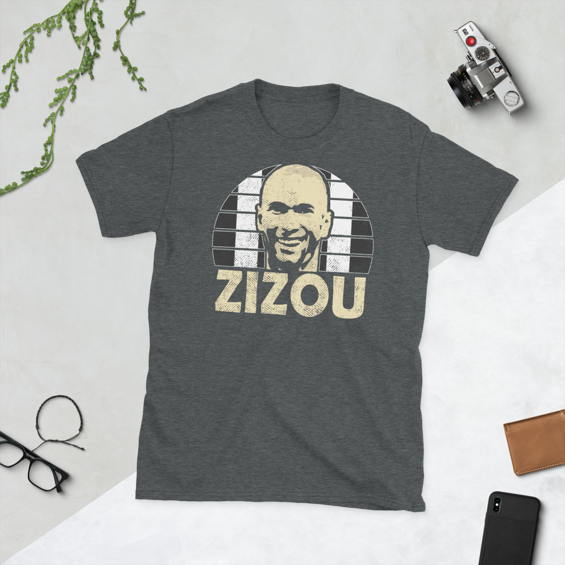 A heather grey Zinedine Zidane Juventus FC t-shirt featuring a black and white striped sunburst design and the word "ZIZOU" printed prominently in bold.