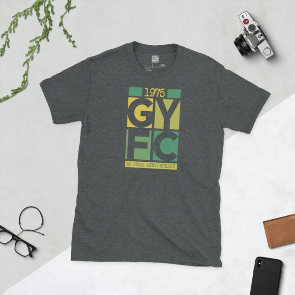 A dark heather Adult Gurnard YFC block logo anniversary tee with 1975 and 50 YEAR text, sizes S-XXXL.