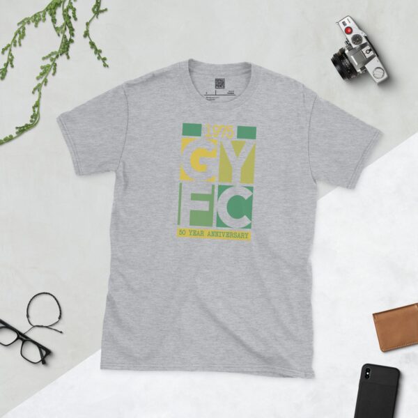 A sports grey Adult Gurnard YFC block logo anniversary tee with 1975 and 50 YEAR text, sizes S-XXXL.