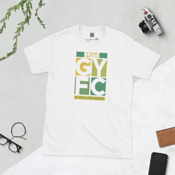 A white Adult Gurnard YFC block logo anniversary tee with 1975 and 50 YEAR text, sizes S-XXXL.