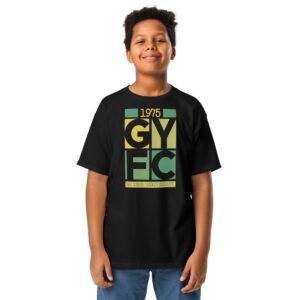 A black Youth Gurnard YFC anniversary tee with 2x2 block GYFC logo and anniversary text, sizes XS-XL.