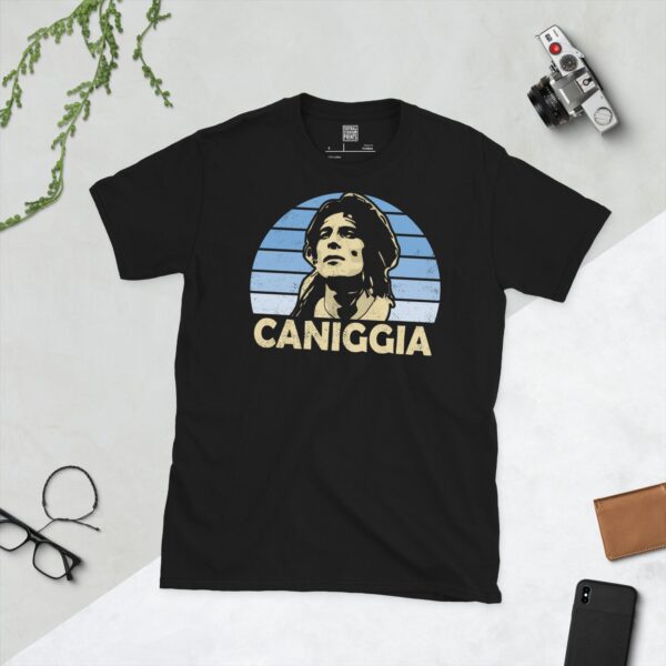 Black T-Shirt: Claudio Caniggia Argentina T-Shirt in Black – Light Blue Sunburst Design with CANIGGIA Lettering
