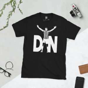 Black Dan Burn Celebration T-Shirt featuring a unique DAN graphic with a sketch of Dan Burn celebrating his 2025 Carabao Cup goal for Newcastle United. Perfect for Toon Army fans