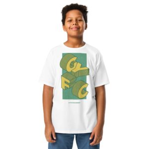 A boy wearing a white Youth Gurnard YFC 50th anniversary t-shirt with green/yellow GYFC logo and anniversary text, sizes XS-XL