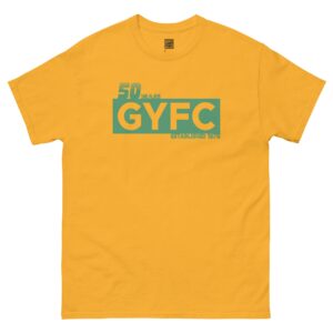 A yellow GYFC 50 year anniversary tee