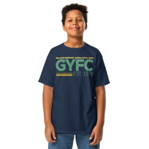 A navy Youth Gurnard YFC speed line anniversary tee with dynamic GYFC logo and EST. 1975 text, available in multiple colours.