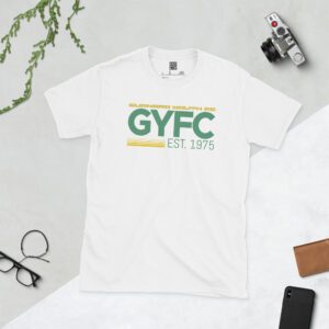 A white Adult Gurnard YFC speed line anniversary tee with dynamic GYFC logo and EST. 1975 text, unisex fit in dark and neutral tones.