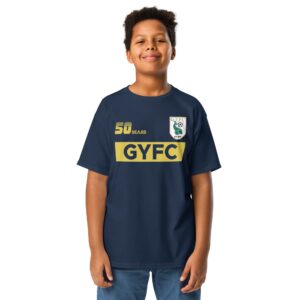A navy Youth Gurnard YFC kit-style anniversary t-shirt with GYFC sponsor text, club badge and 50 Years branding, sizes XS-XL.