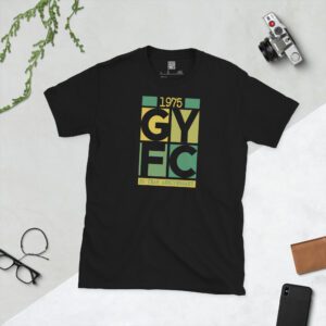 A black Adult Gurnard YFC block logo anniversary tee with 1975 and 50 YEAR text, sizes S-XXXL.